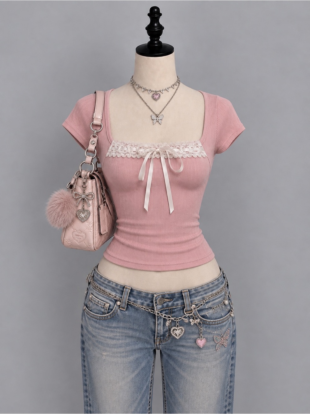 Coquette Square Neck Ribbed Tee with Lace Trim - Pink